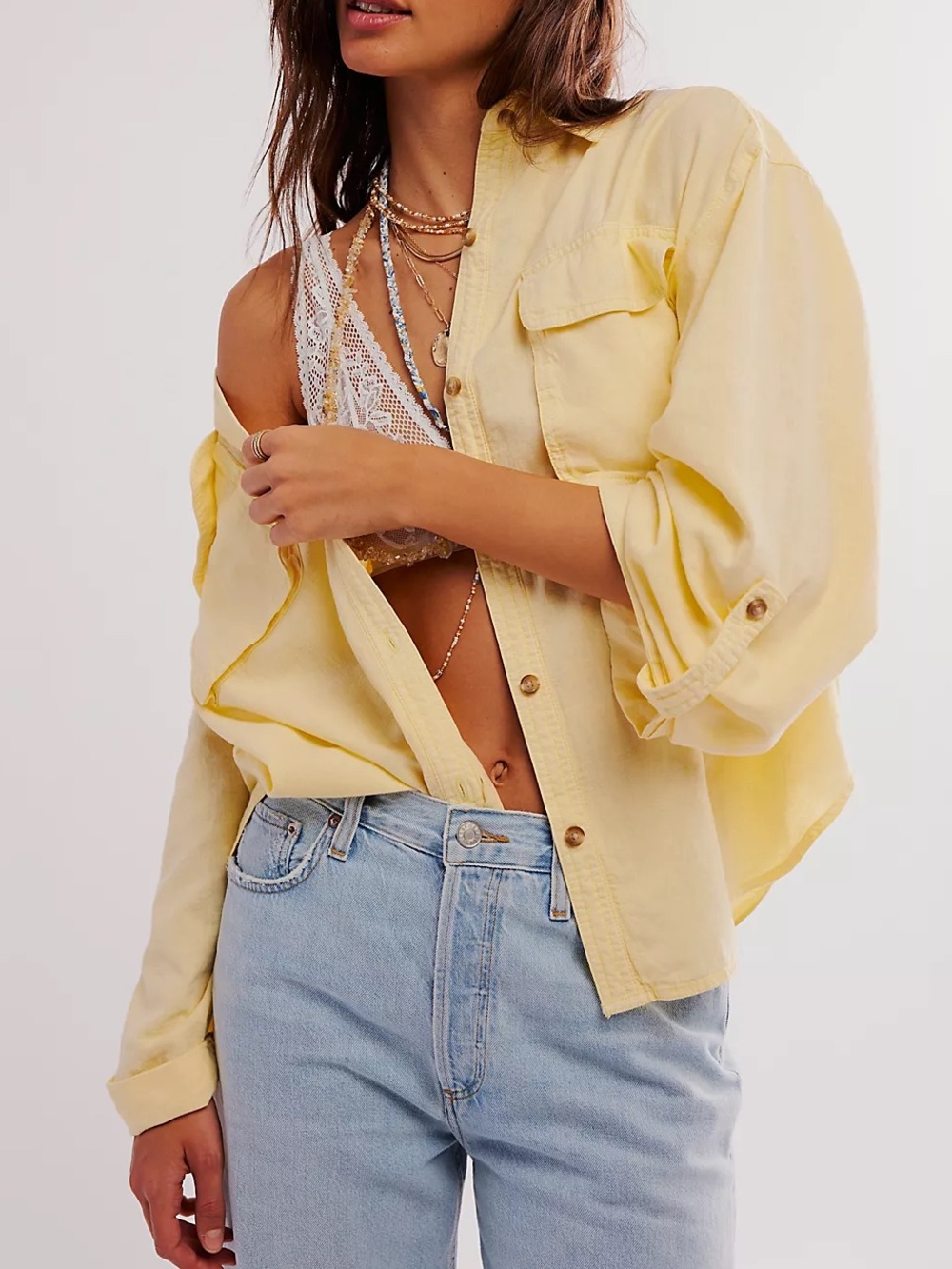 Free People XL We The Free Yellow Linen Cotton Made For Sun  Button-Up Shirt Top